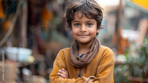 Young indian boy standing with folded arms and looking at the camera