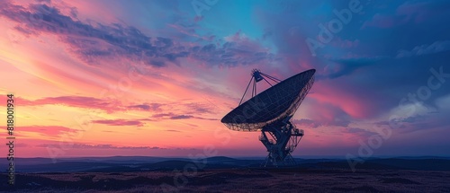 A solitary radio telescope antenna stands against a stunning sunset with orange hues illuminating the desert landscape