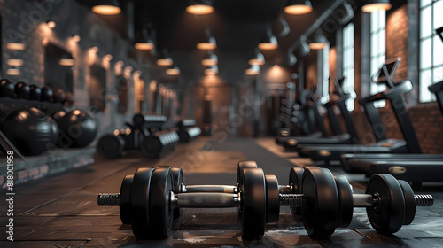3D rendering, black dumbbells on the floor in dark concept fitness room with training equipments in the back -