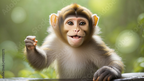 This is a photo of a monkey with light brown fur and dark brown eyes. 