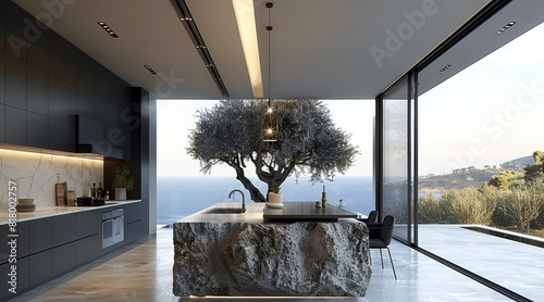 Super modern high equipped kitchen with grey rock main table island in the center with olive tree looking on the outside. Generative AI.