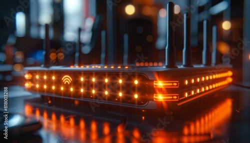 Closeup of a sleek, futuristic WiFi 7 router with glowing indicators, highlighting high-speed internet connectivity