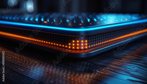Futuristic WiFi 7 router with glowing indicators, showcasing high-speed internet connectivity in a close-up shot