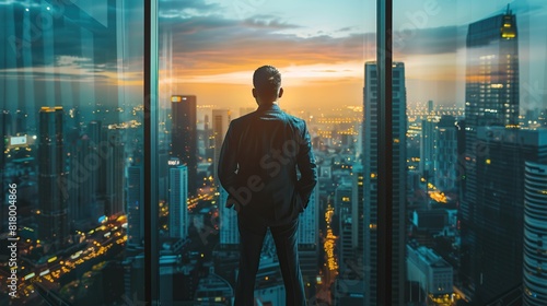 A man in a suit is standing in a high-rise building, looking out at the city below.
