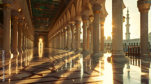 Medina saudi arabia Prophet Mohammad interior mosque Architectural with sunlight background 