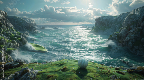 beautiful creative golf ball on court, magestic landscape, concept of golf is everywhere, on cliffs, on sea 