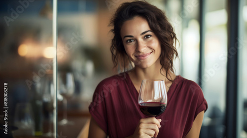 A woman is holding a glass filled with red wine