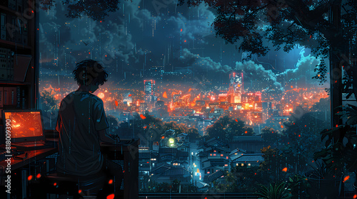 Cool Lofi boy studying at her desk Rainy or cloudy outside beautiful chill atmospheric wallpaper 4K streaming background lofi hiphop style Anime manga style --