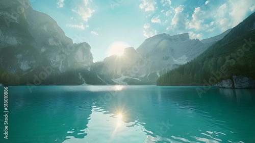Transform a scene into a glistening masterpiece as the sun sets over a mountain and lake, casting a magical play of light and shadows in turquoise and white tones