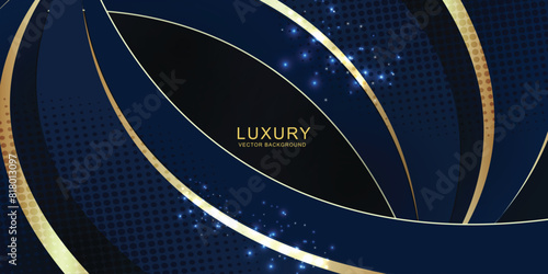 Abstract golden and blue curve geometric shapes on dark background. Modern Luxurious bright golden lines with golden glitter