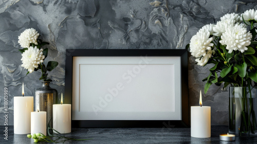 Elegant condolence background featuring a blank frame, white chrysanthemums and lit candles against a textured grey backdrop