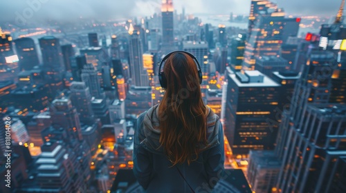 A young woman stands at the pinnacle of an urban skyscraper, adorned with headphones, surrounded by the bustling cityscape. Generative AI.