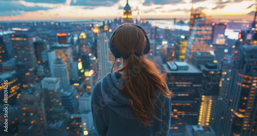 A young woman stands at the pinnacle of an urban skyscraper, adorned with headphones, surrounded by the bustling cityscape. Generative AI.