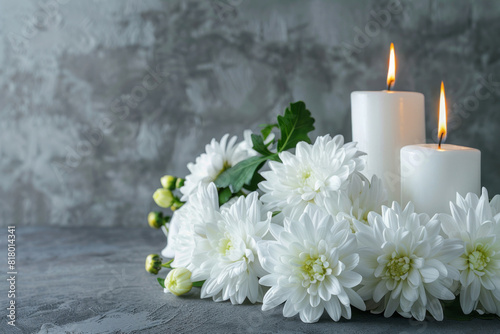 Peaceful condolence background featuring burning white candles and fresh white chrysanthemums against a textured grey backdrop