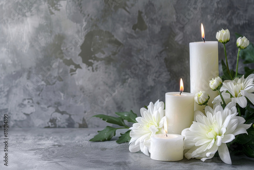 Somber condolence background featuring lit white candles amid fresh white chrysanthemums on a textured gray backdrop