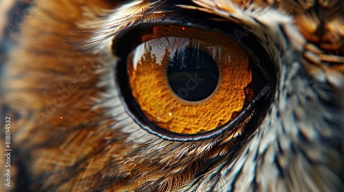 This is an up-close photograph of an owl's eye. The eye is a deep orange color with a black pupil. The owl's feathers are brown and beige.