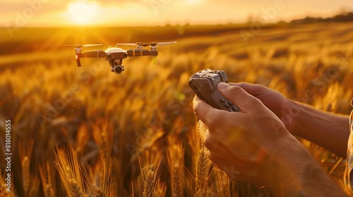 A farmer is holding a remote control in a golden wheat field with a drone flying above the crops.