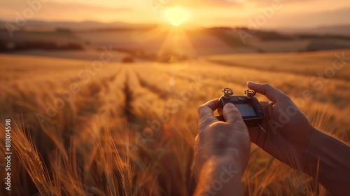 A farmer is holding a remote control in a golden wheat field with a drone flying above the crops.