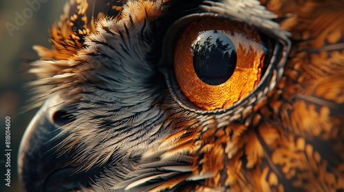 This is an up-close photograph of an owl's eye. The eye is a deep orange color with a black pupil. The owl's feathers are brown and beige.