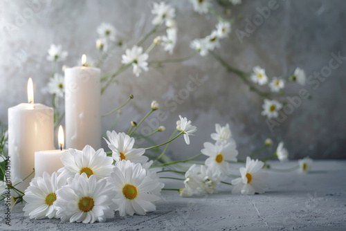 Peaceful condolence background featuring lit white candles and delicate daisy flowers, symbolizing remembrance and sympathy in times of loss