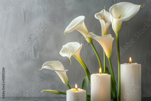 Elegant white calla lilies with lit candles for a peaceful funeral or condolence background on a gray textured backdrop