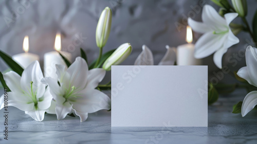 Empty condolence card surrounded by white lilies and burning candles, setting a serene and respectful mood for a funeral backdrop