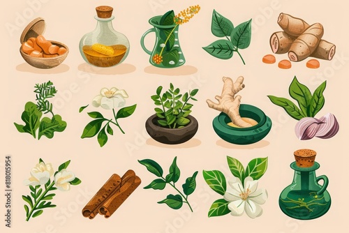 Collection of herbal illustrations featuring spices, plants, and essential oils. Watercolor style on a light beige background. Natural remedies and aromatherapy concept. Ayurvedic hebs, Ayurveda, Gene