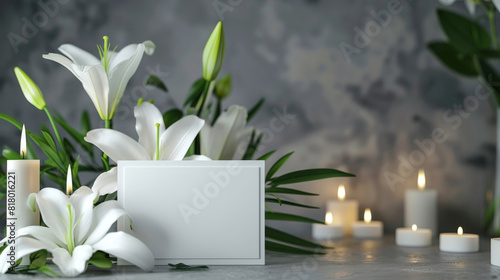 Tranquil condolence card surrounded by white lilies and flickering candles creates a somber yet soothing backdrop for funeral memorials