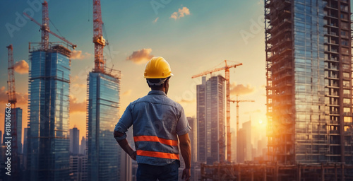 a contractor evaluates a building project, in the background of skyscraper construction and a beautiful sunset