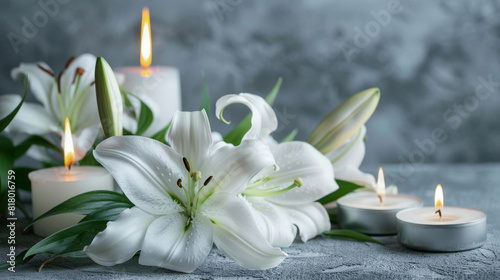 Tranquil condolence background featuring white lilies and flickering candles symbolizing remembrance and peace in a time of mourning