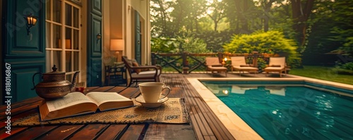 A cozy corner on a wooden terrace with a view of a calm pool, a book in hand, and a freshly brewed cup of coffee on a sunny day
