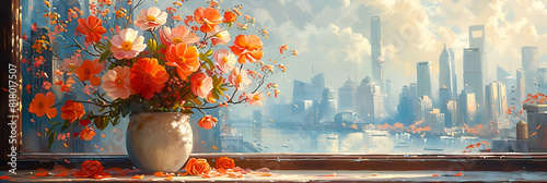 A Vase with Flowers on a Table in Front, Sunset Glow Blooms on the Windowsill 