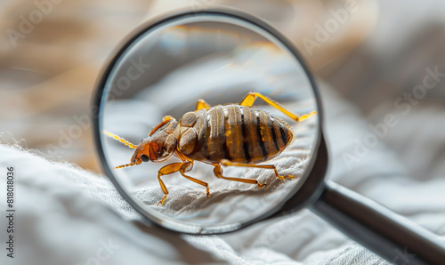 Bed bug on mattress under magnifying glass