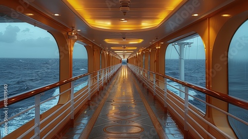 The aisle and corridor of the cruise ship are wide and curved, the seaside scenery. Generative AI.