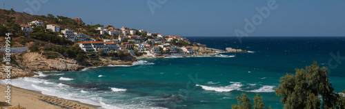 Panoramic view to the popular coastal village of Armenistis on the remote North Aegean Island of Ikaria.