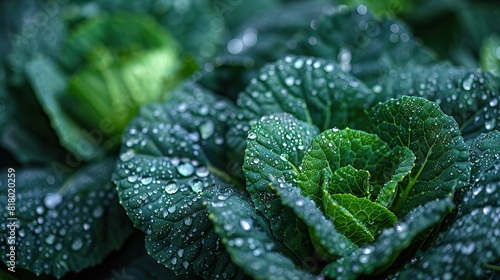A close-up of water droplets on green cabbage leaves.