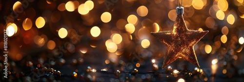 Bright Christmas. Gold Star Light Hanging in Dark Background with Bokeh Effect