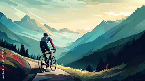 cycling race flat design side view mountain path theme 3D render Monochromatic Color Scheme