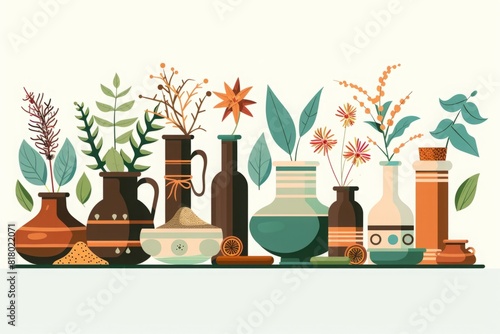 Decorative arrangement of various botanicals in traditional vases and bottles, with a minimalist background. Ayurvedic hebs, Ayurveda, Generative AI