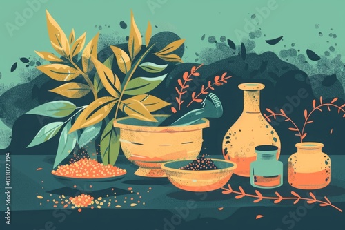Artistic display of herbal remedies in ceramic bowls and glass bottles with lush foliage on a dark teal background. Ayurvedic hebs, Ayurveda, Generative AI
