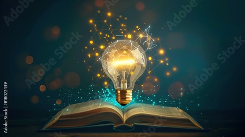 Glowing light bulb and book or text book with futuristic icon. Self learning or education 