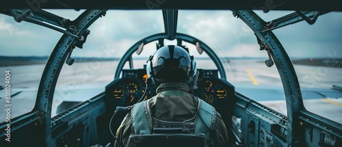 A pilot in a fighter jet cockpit preparing for takeoff, close up, aviation theme, dynamic, Overlay, an airbase as backdrop