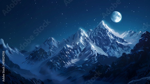 A majestic mountain range dusted with snow, gleaming under the soft light of the moon.