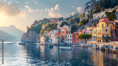 A picturesque seaside town basking in the warm glow of dawn, with pastel-colored buildings lining the waterfront.