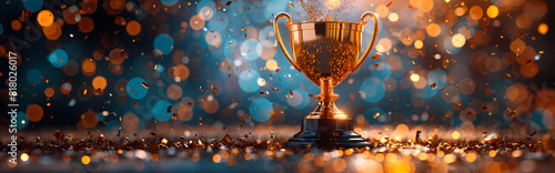 A golden cup on a beautiful winning dark background, the theme of winning the competition and taking first place.generative ai 
