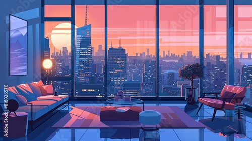 Illustration of a cozy modern high rise penthouse apartment in New York with a cityscape view. The pink interior design is relaxing 
