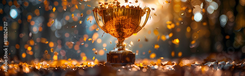 close up golden trophy award with falling confetti. copy space for text. 3d rendering.