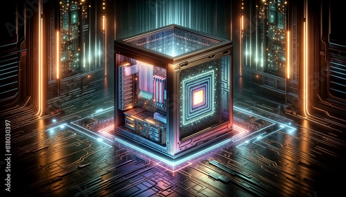 Supercomputer Contemporaneo Illuminato con Schemi Luminosi in una Stanza Buia con Illuminazione al Neon
