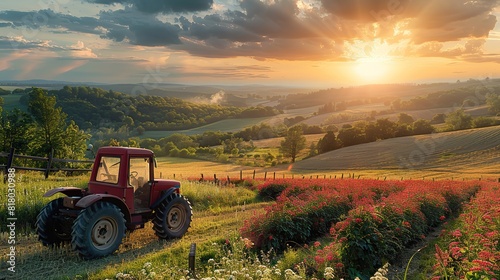 A picturesque farm with rolling fields and a red tractor.