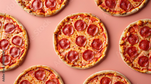 Collage with tasty pepperoni pizzas on color background